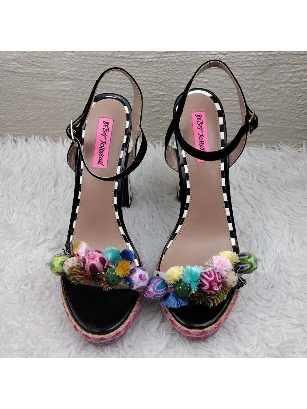 Betsey Johnson Polka Black White Embroidered Open Toe Slingback High Heel Shoe